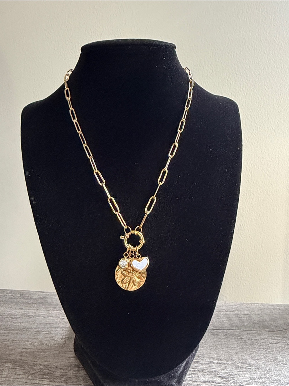 Gold plated stainless steel paper clip chain necklace with flower & heart charms